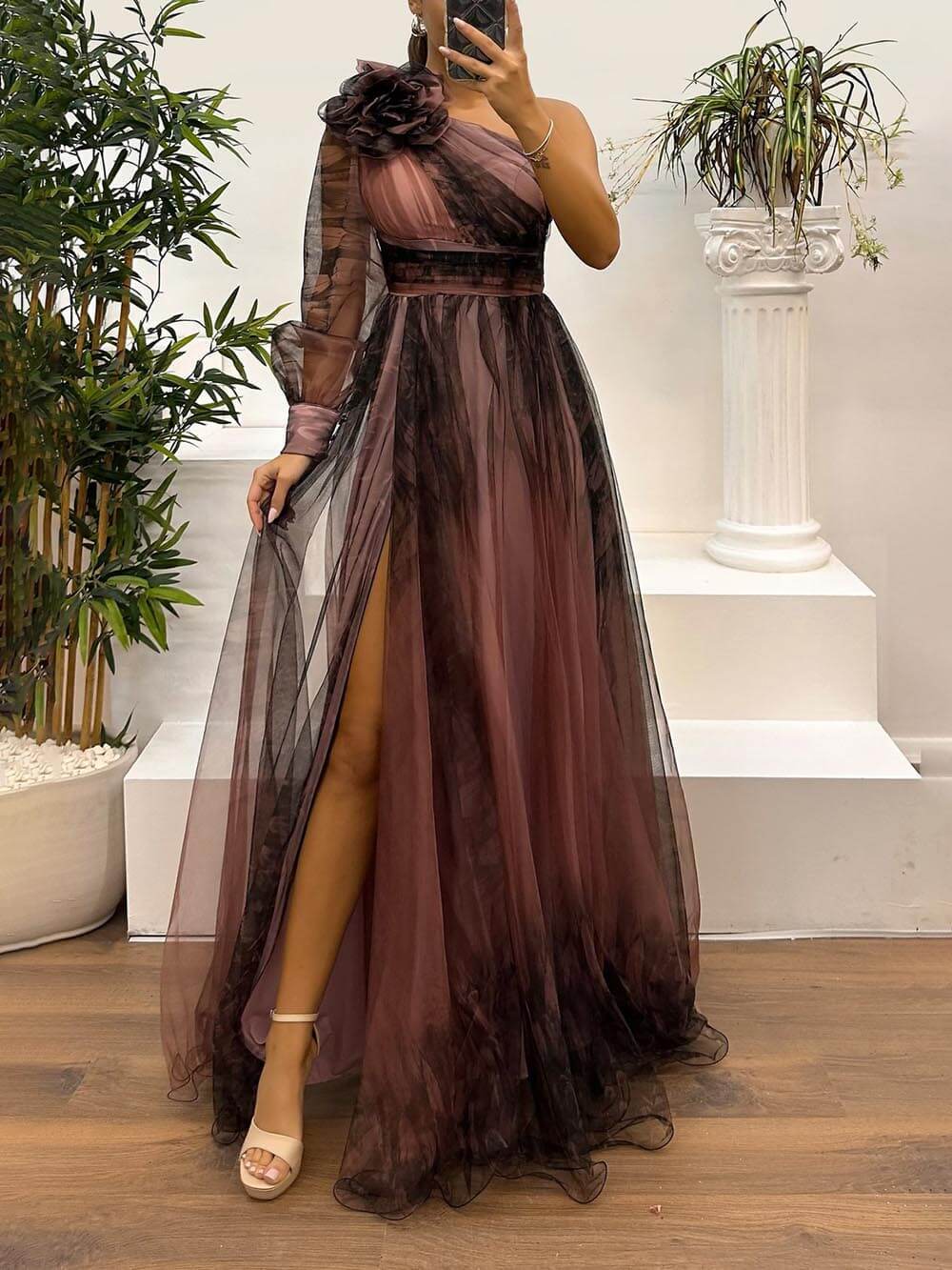 Exquisite Casual Off-Shoulder Mesh Print Maxi Dress