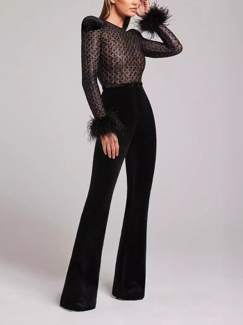 Elegant Lace Sequined Feather Trim Flared Jumpsuit