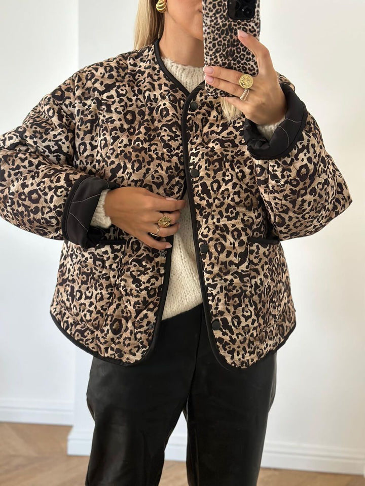 Ainutlaatuinen Leopard Print Button Bomber -takki