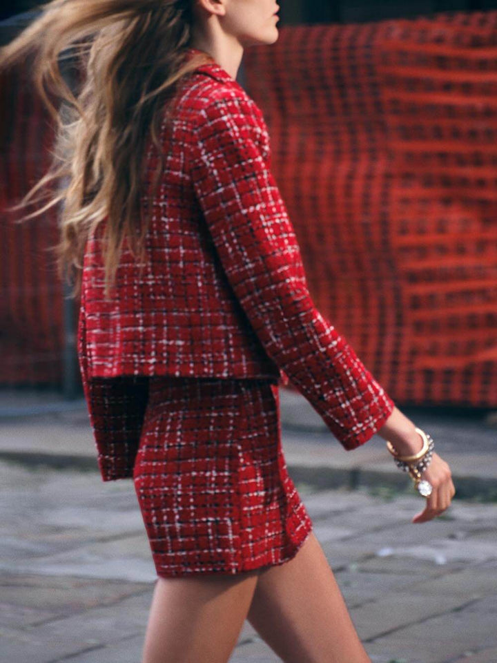 Elegant Tweed Plaid Long-sleeved Casual Pocket Jacket