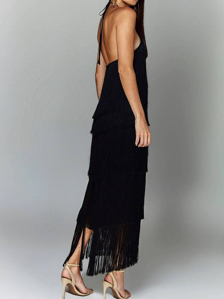 Moderigtig Halter Neck Tassel Rygløs Slid Party Dress