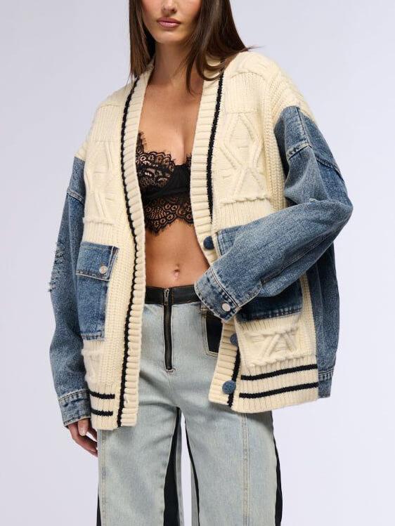 Unique Denim Patchwork Cable Knitted Coat