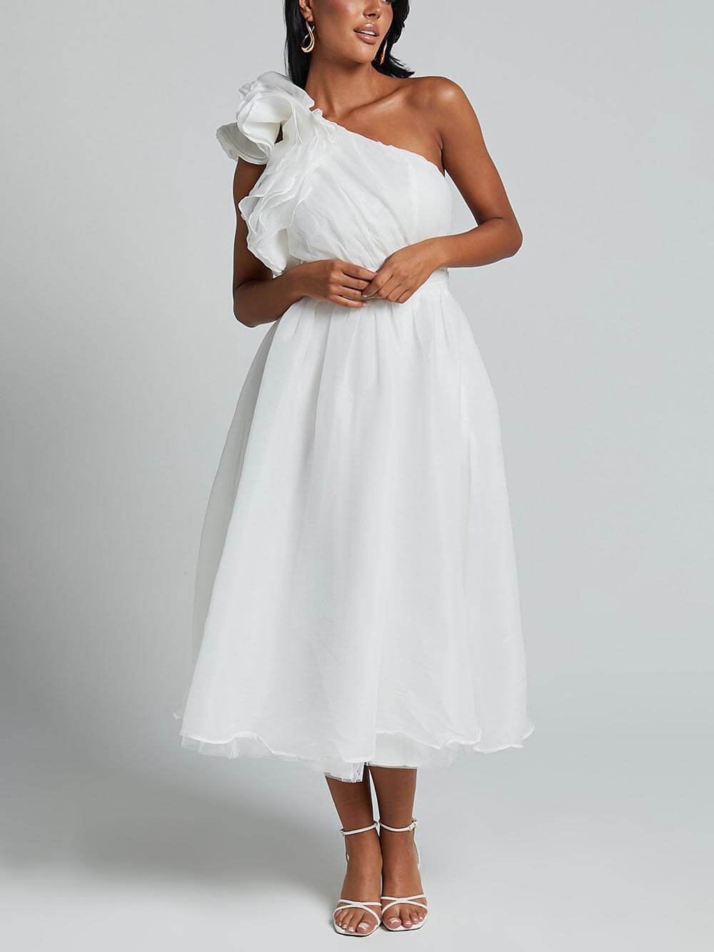 Unique Romantic Seaside One Shoulder Frill Detail Sleeve Layered Midi Dress