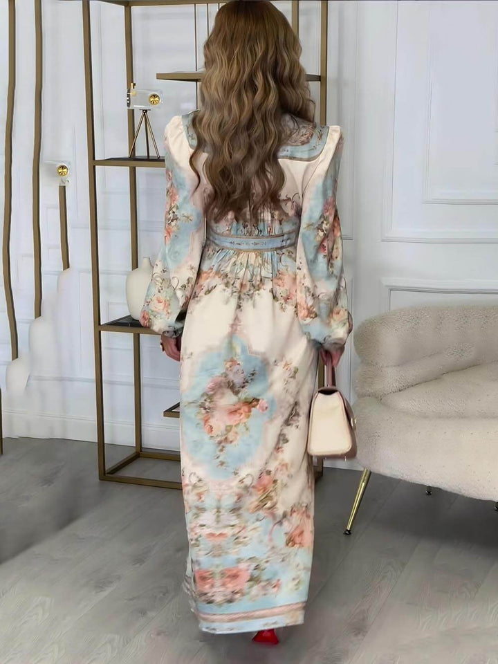 Vestido maxi elegante com estampa floral e manga lanterna abotoada em linha A