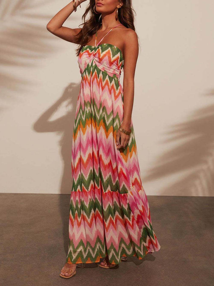 Unique Wave Print Suspender Maxi Dress