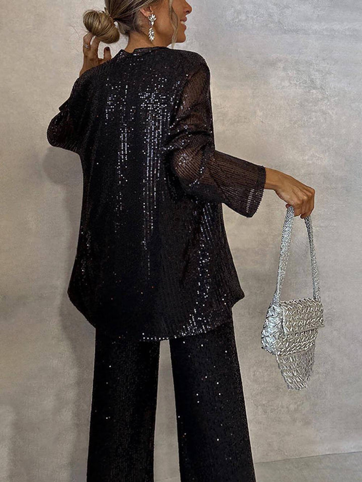 Unique Sequined Party Scene Front Open Long Sleeve Draped Coat