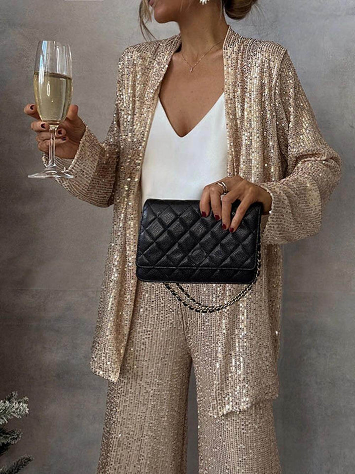 Unique Sequined Party Scene Front Open Long Sleeve Draped Coat