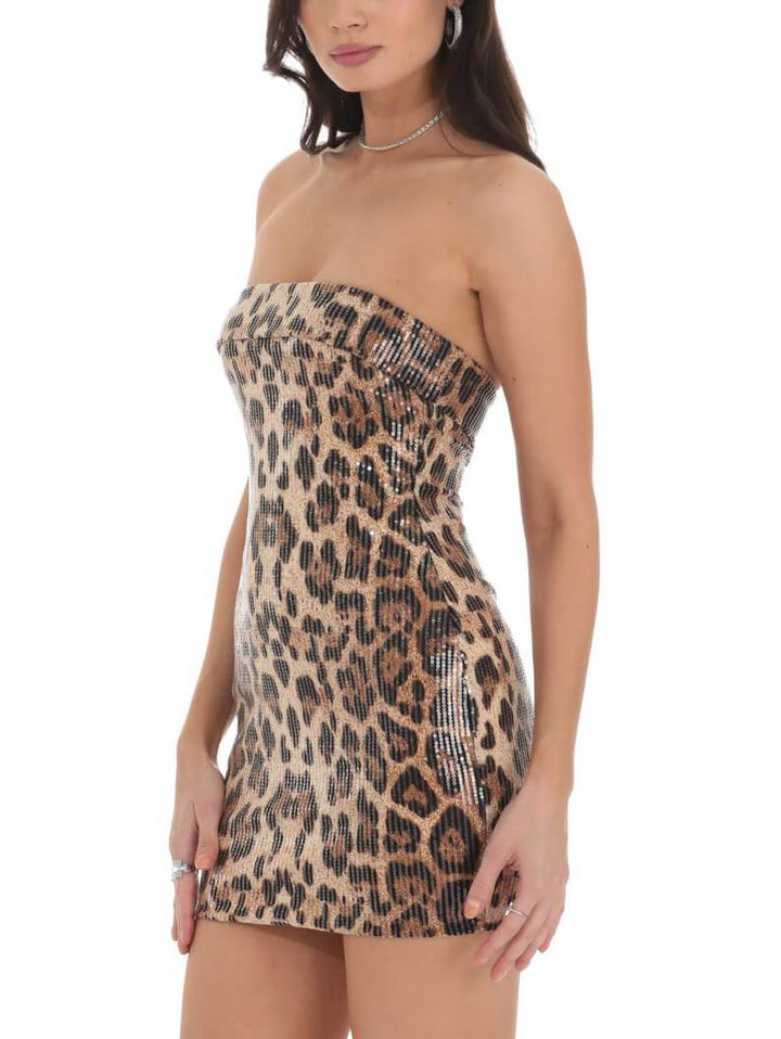 Minivestido sem alças com lantejoulas e estampa de leopardo