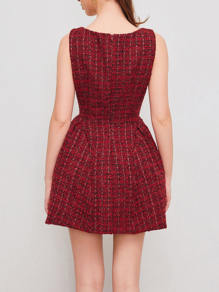 Elegant Tweed Boat Neck Zipper Ruffle Mini Dress