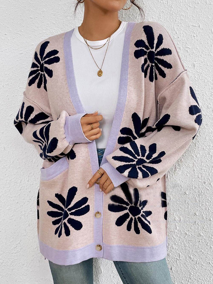 Classic V-Neck Printed Loose Knit Cardigan