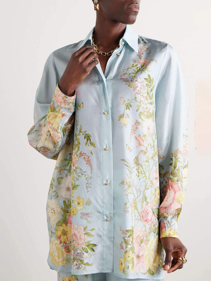 Camisa de manga comprida com estampa floral de posicionamento fino de cetim