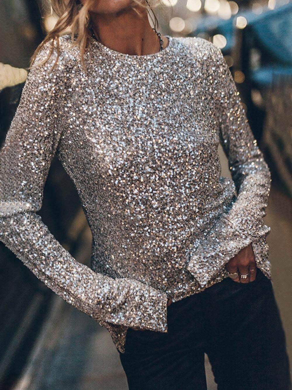 Chemise décontractée à manches longues avec fente à paillettes