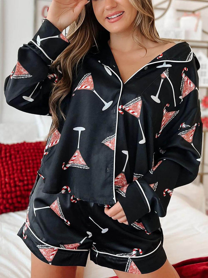 Pyjama-Set mit weihnachtlichem Satin-Print für Zuhause