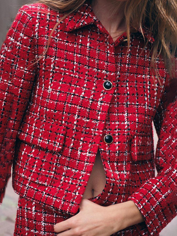 Elegant Tweed Plaid Long-sleeved Casual Pocket Jacket