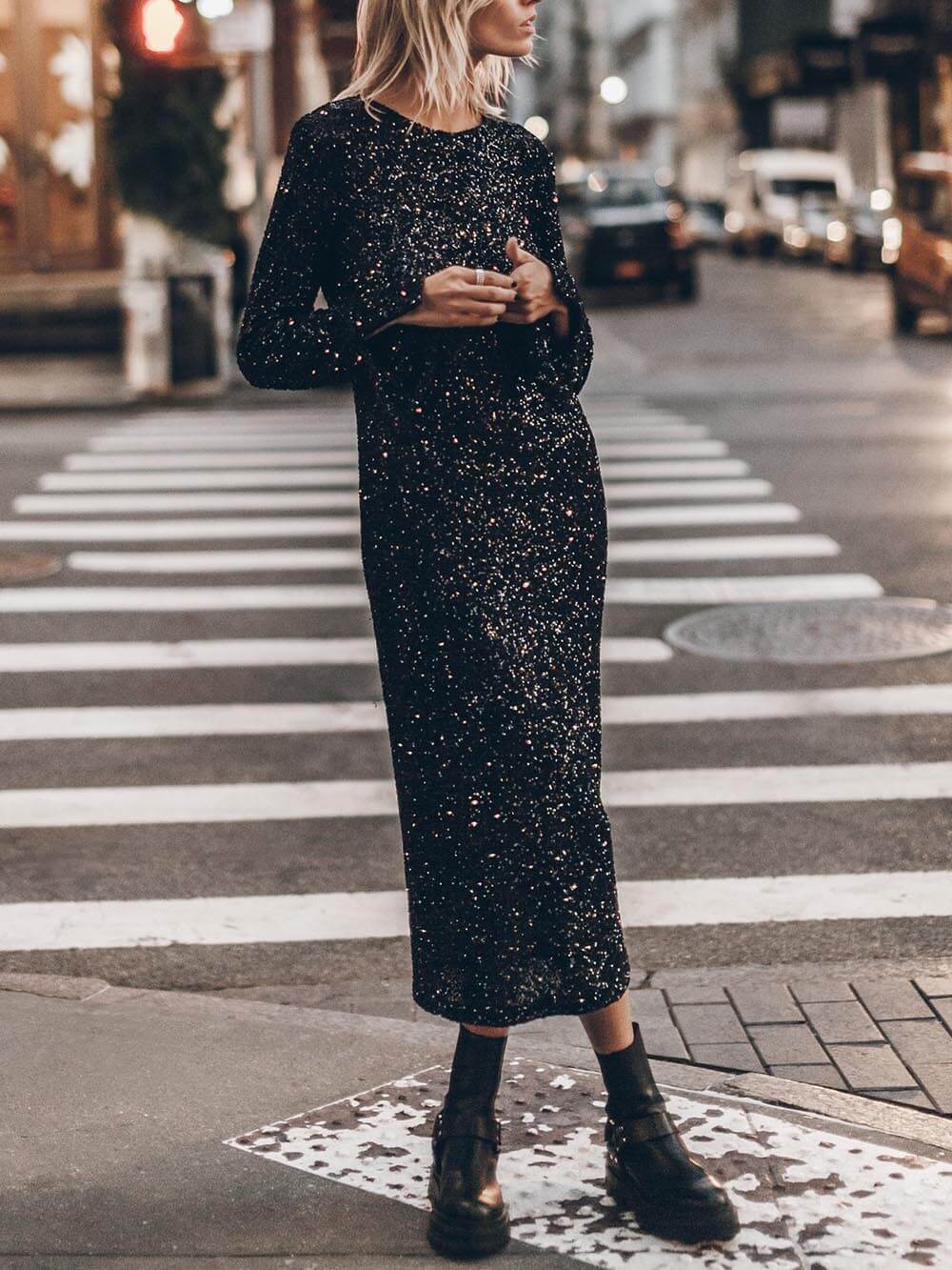 Sequin Sparkly Nights Long Sleeve Open Back Loose Midi Dress