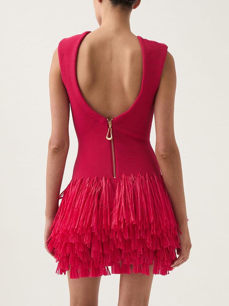 Elegant Raffia Layered Fringed Knitted Mini Dress