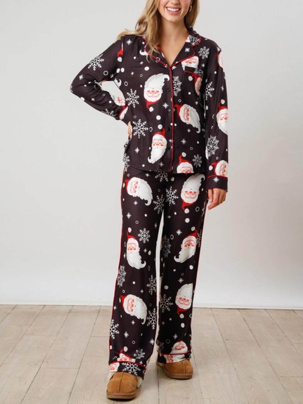 Santa Claus Snowflake Print Button Long Sleeve Homewear Set