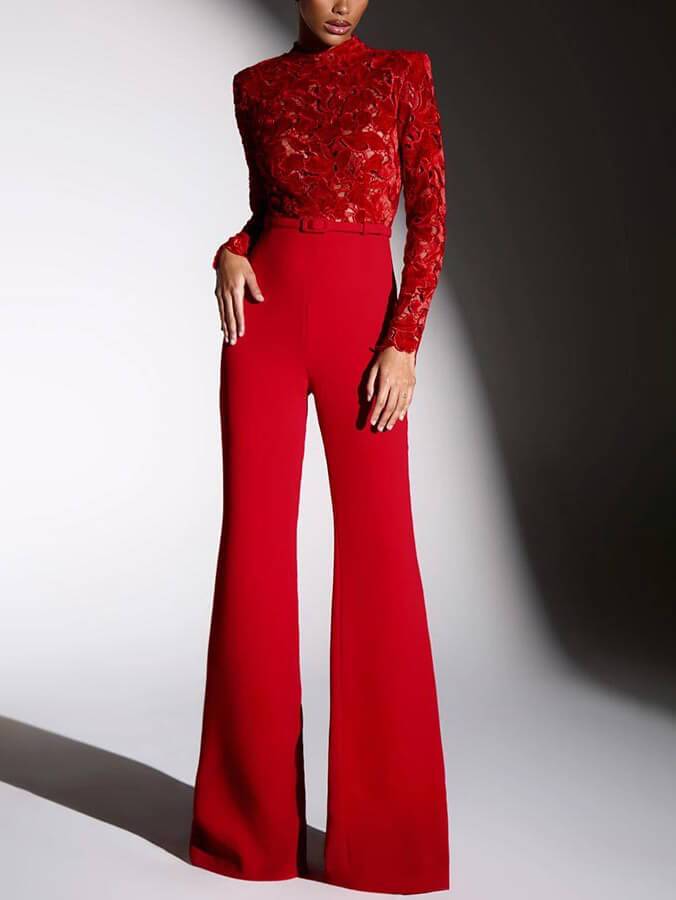 Elegant Lace Panel Flared Jumpsuit