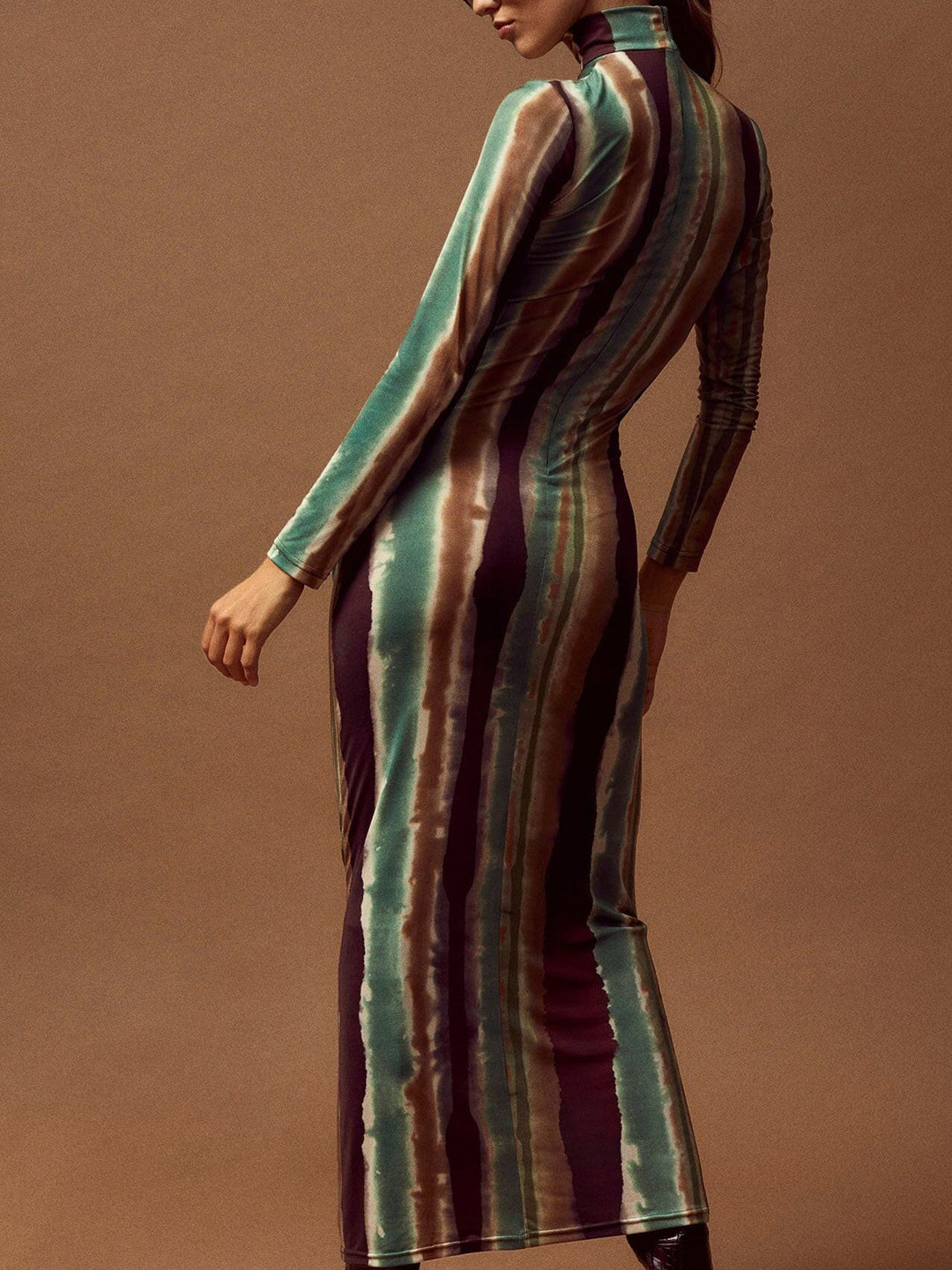 Vintage Tie-dye Irregular Stripe Print Tight Maxi Dress