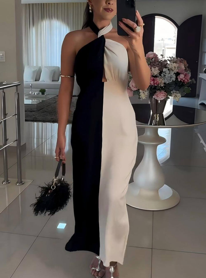 Unique Black And White Colorblock Halter Neck Tie Party Mid Dress