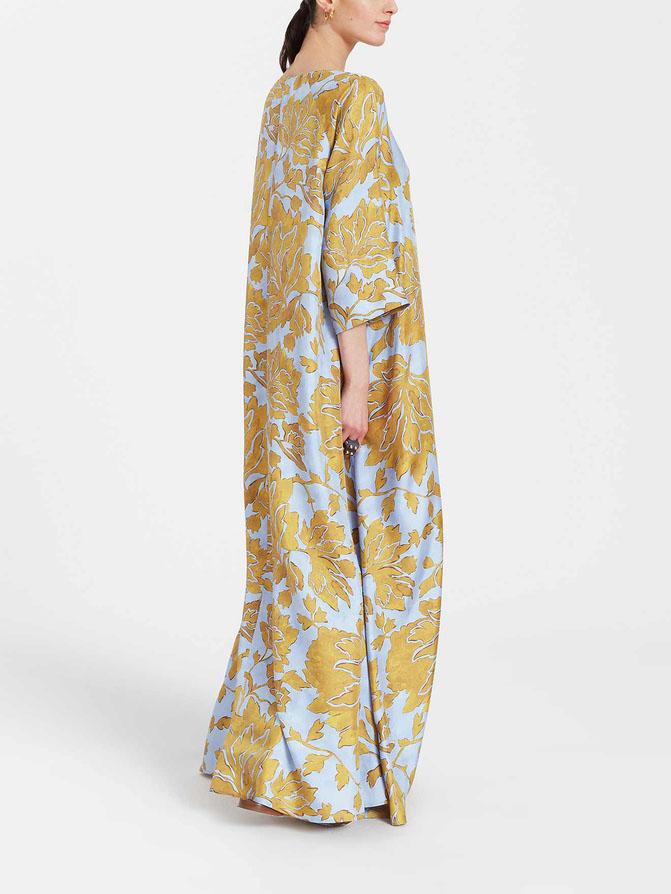 Exquisite Peony Print Round Neck Flowing Long Dress