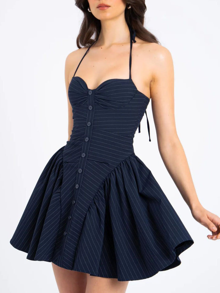 Fashion Pinstripe Halter Neck Low Waist Mini Dress