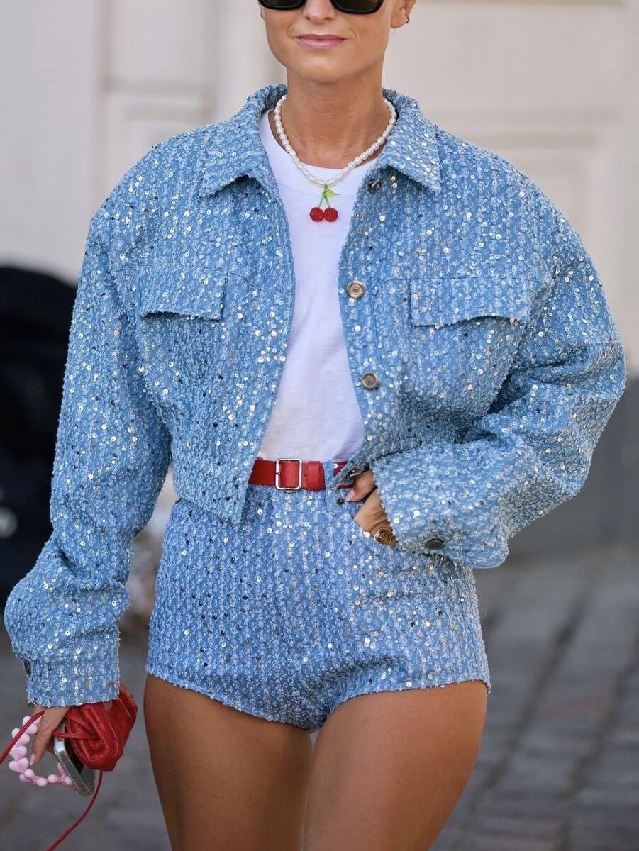 Denim Sequined Jacket Short Coat