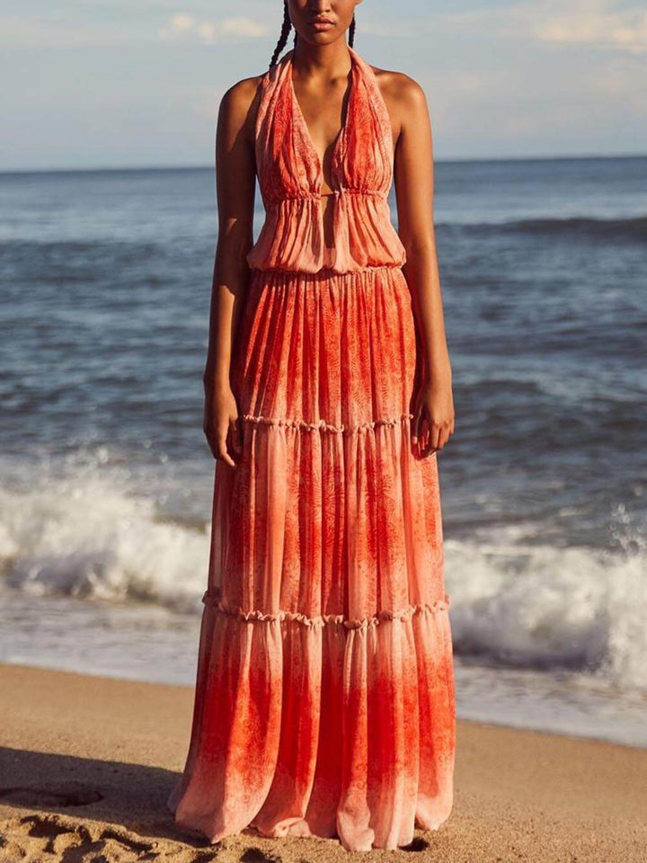 Fashion Casual Beach Vacation Print Halterneck Maxi Dress