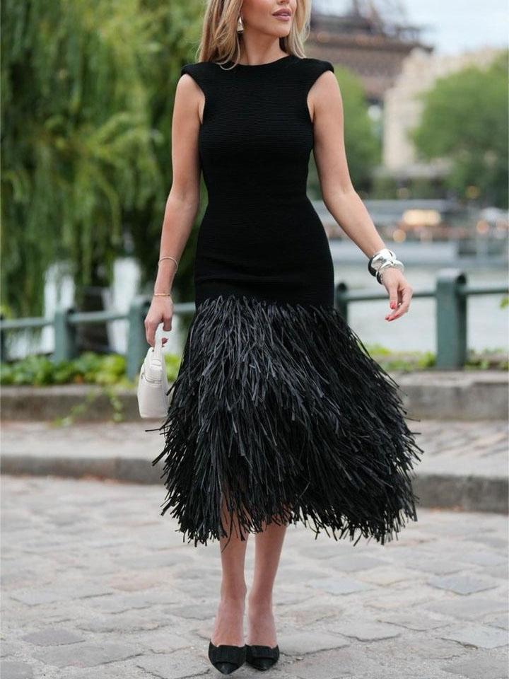 Elegant Raffia Fringed Midi-kjole