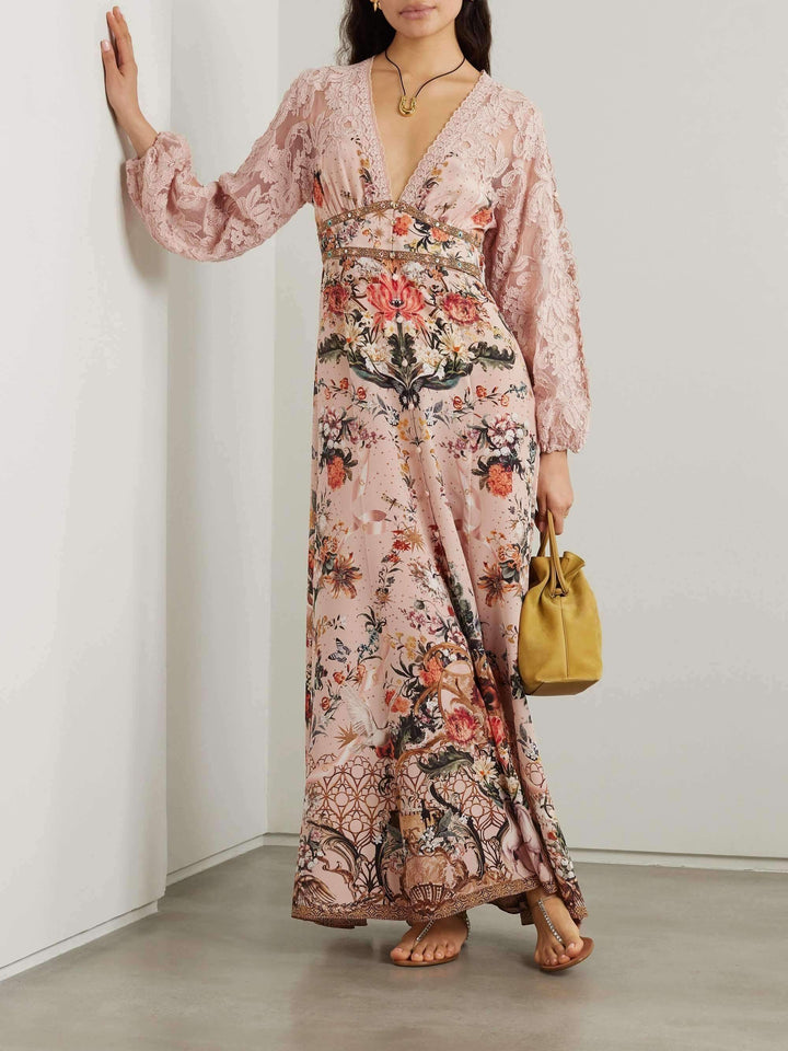 Elegant Lace Panel Printed Maxi Dress