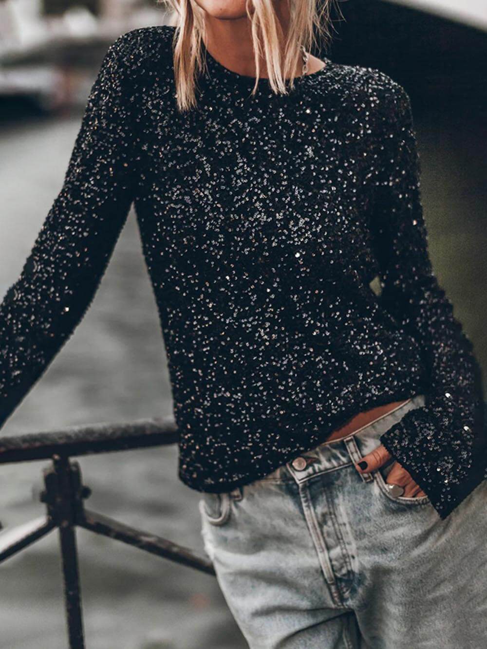 Sequined Slit Long-Sleeved Casual Shirt