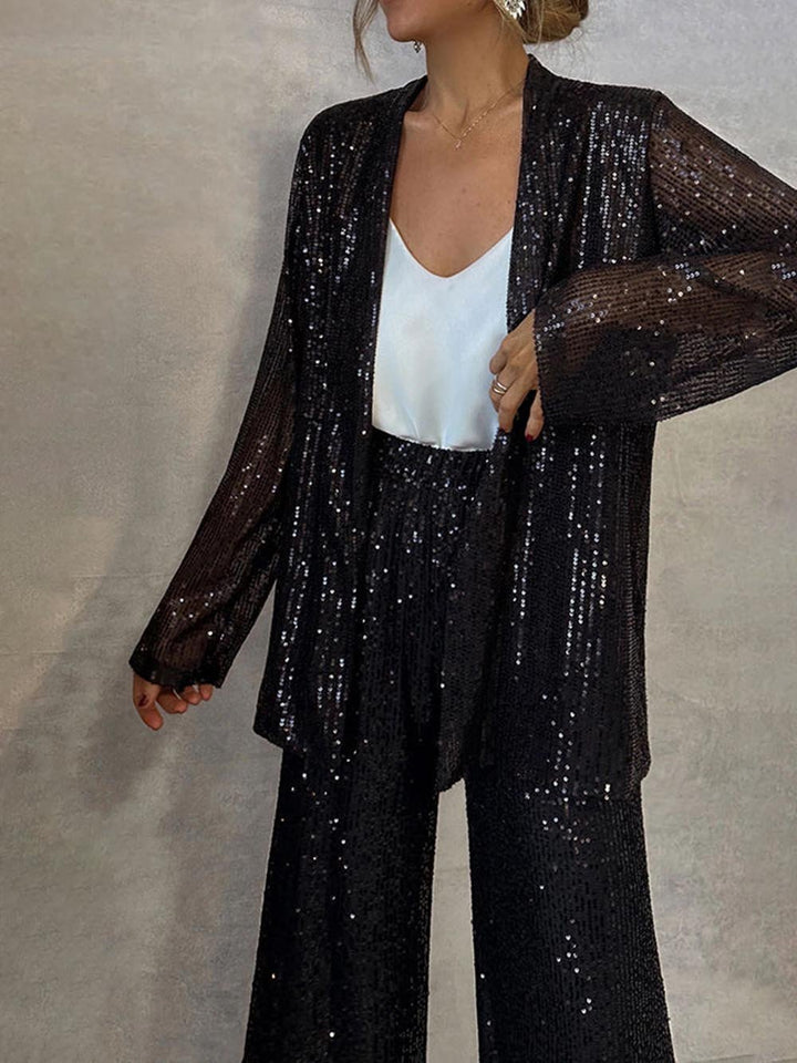 Unique Sequined Party Scene Front Open Long Sleeve Draped Coat