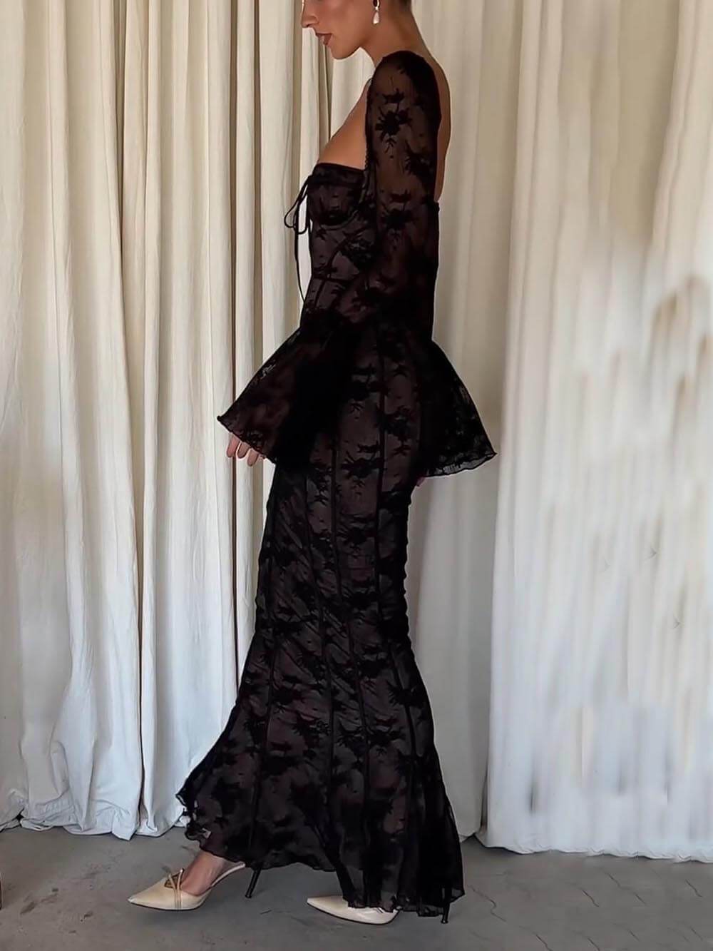 Delicate And Elegant Black Long Sleeve Lace Maxi Dress