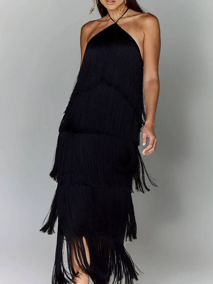 Moderigtig Halter Neck Tassel Rygløs Slid Party Dress