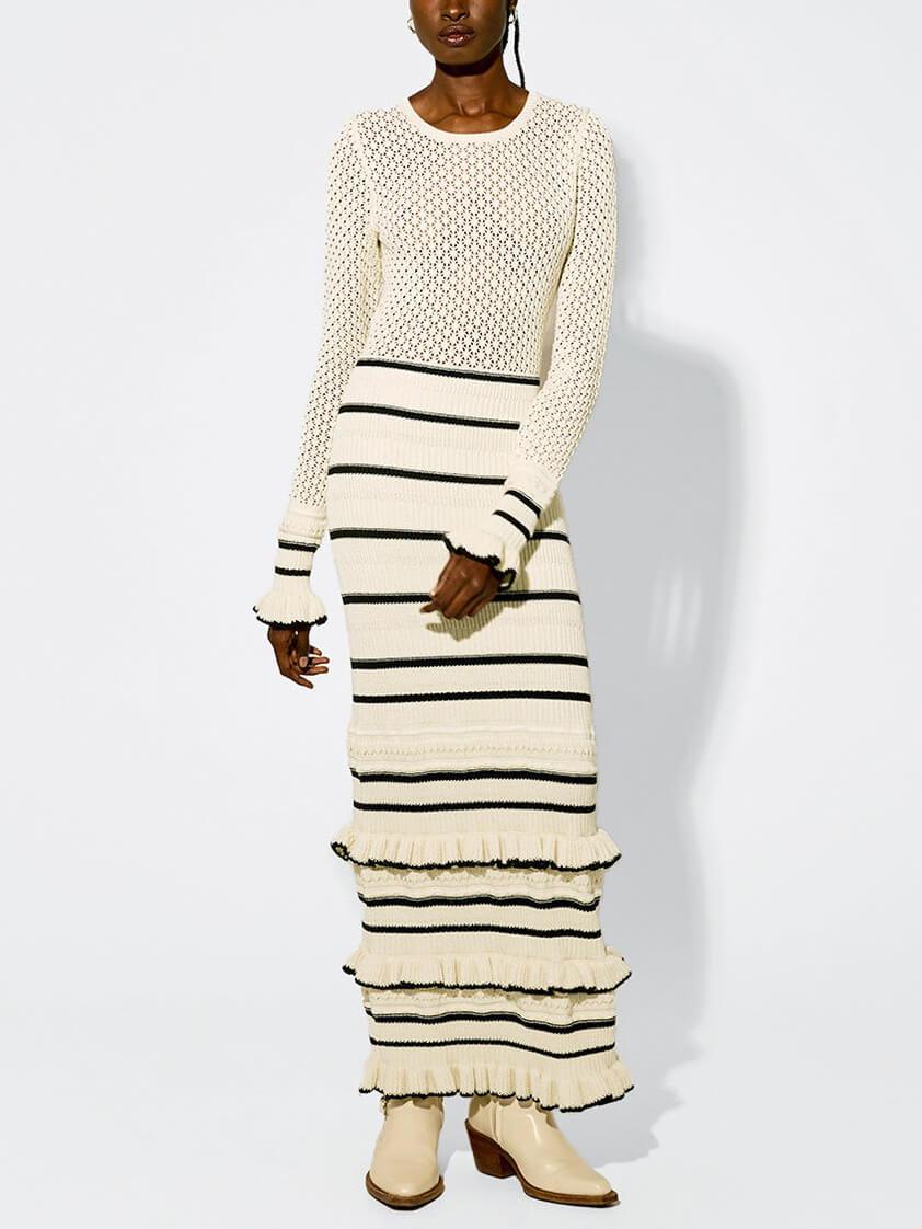 Knit Stripe Ruffle Long Sleeve Maxi Dress