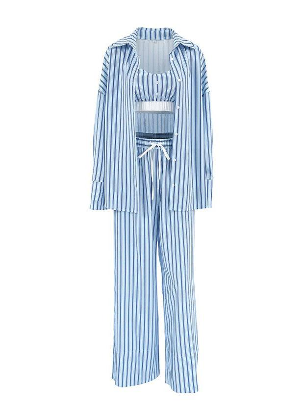 Gestreiftes bedrucktes Weste-Cardigan-Hosen-Pyjama-Dreiteiliges Set