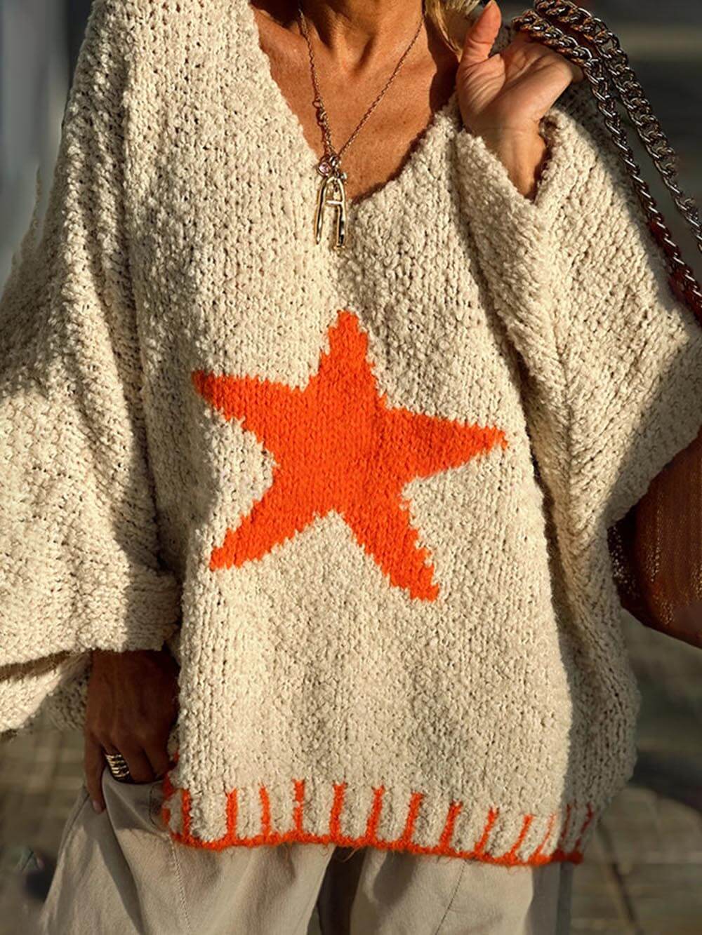 Winter Day Warm Texture Star Pattern Contrast Color Loose Sweater