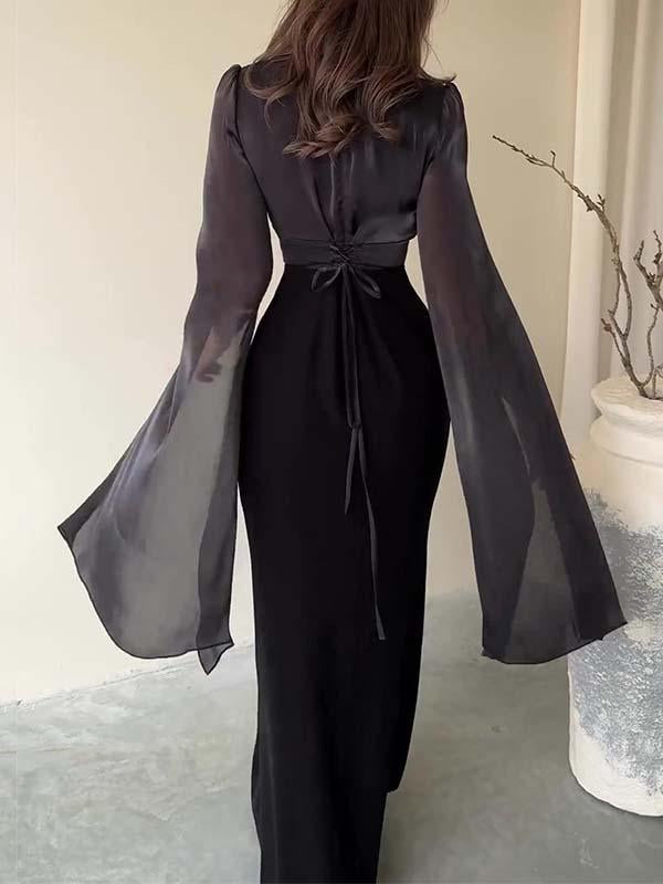 Robe longue élégante en satin à manches évasées