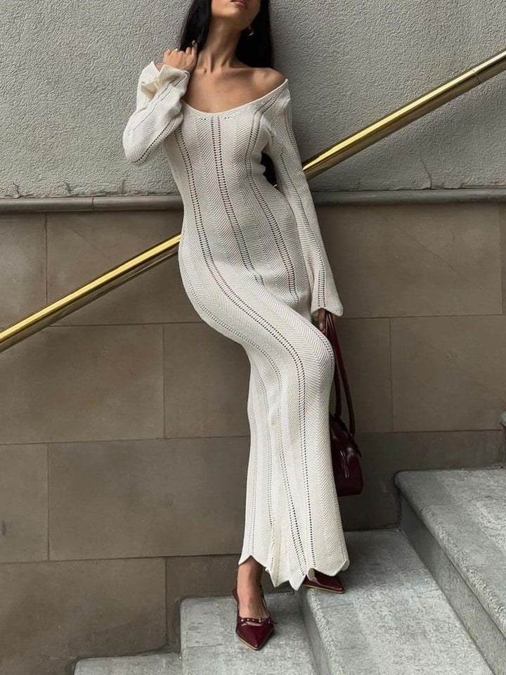 Hollow Solid Color Knitted Holiday Long Dress