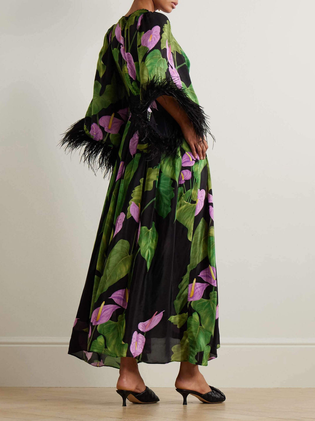 Elegant Feather Trim Floral Print Flowy Maxi Dress