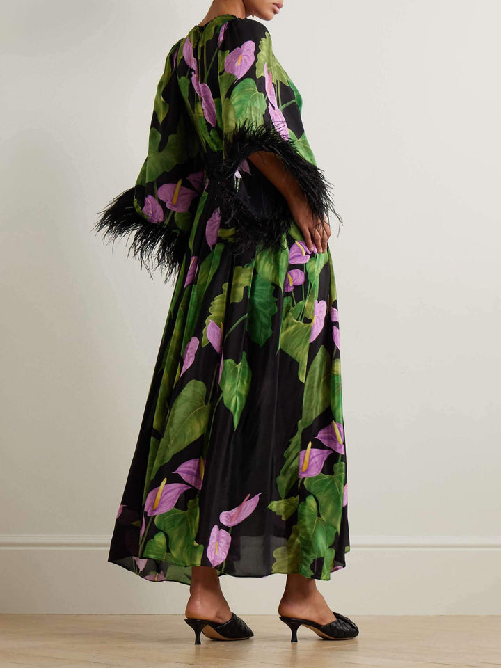 Tyylikäs Feather Trim kukkaprintti Flowy Maxi -mekko