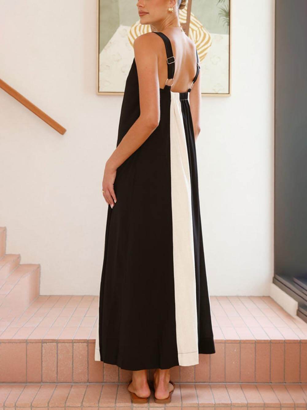 Elegant Two-Tone Stitching With Adjustable Straps A-Line Loose Maxi Dress