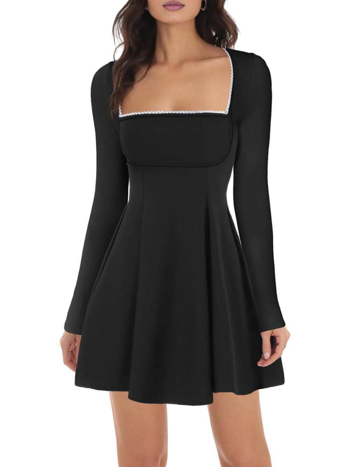 Classic And Elegant Square Neck Trimmed A-Line Ruffled Mini Dress