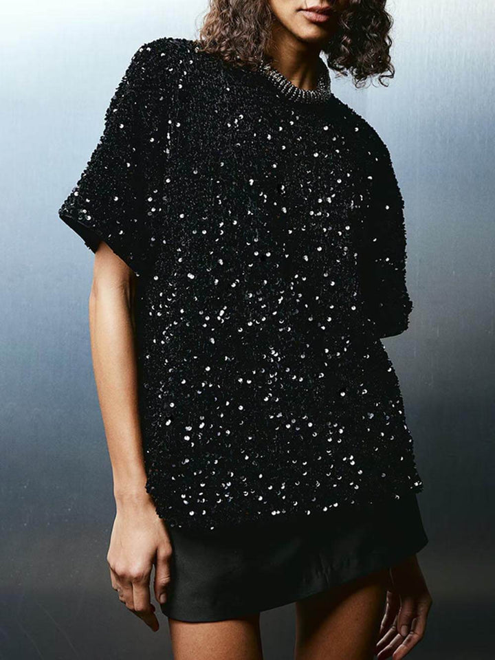 Unique Velvet Sequined Round Neck Short-Sleeved T-Shirt