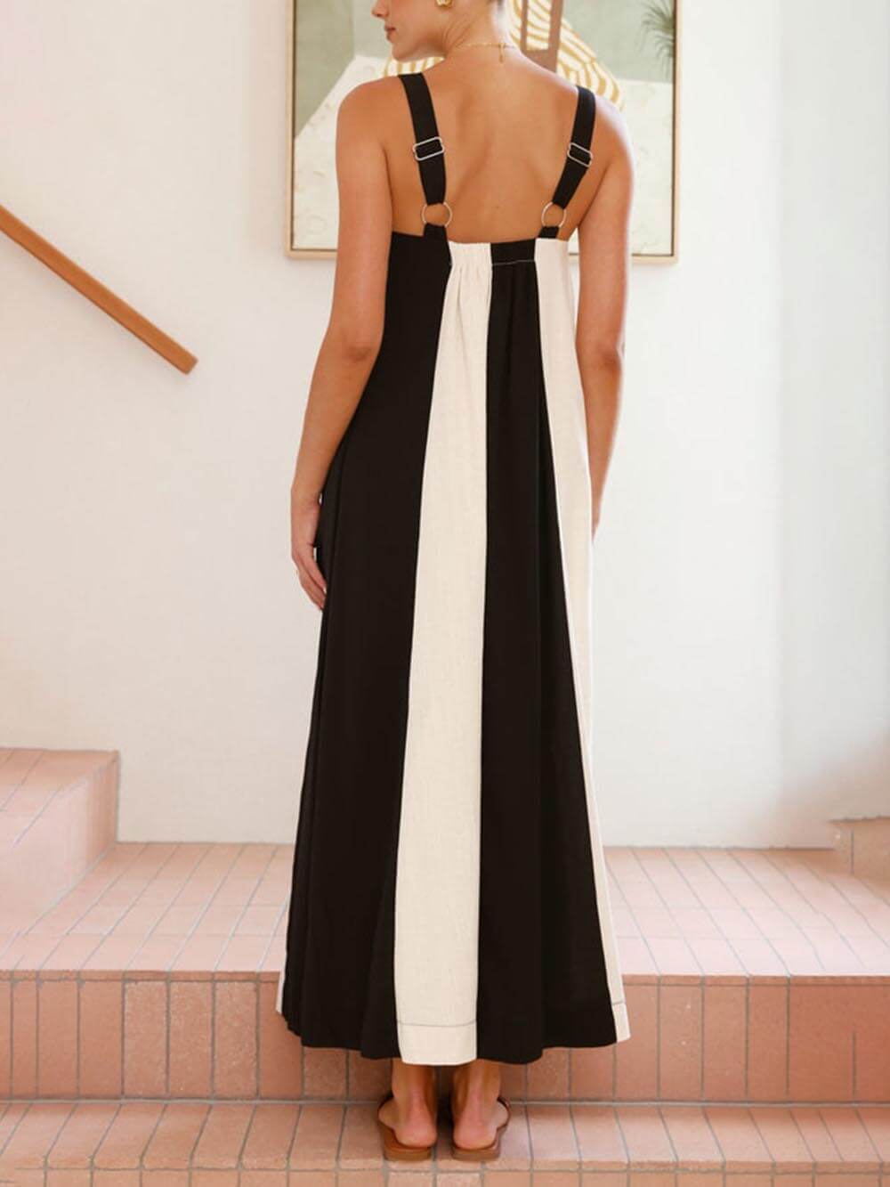 Elegant Two-Tone Stitching With Adjustable Straps A-Line Loose Maxi Dress