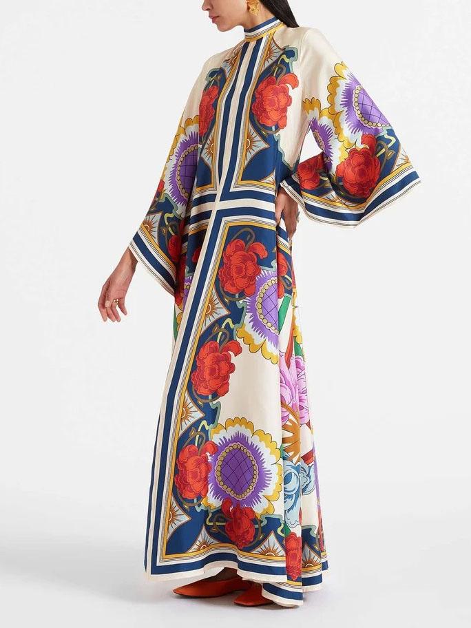 Robe longue fluide à imprimé floral ethnique unique