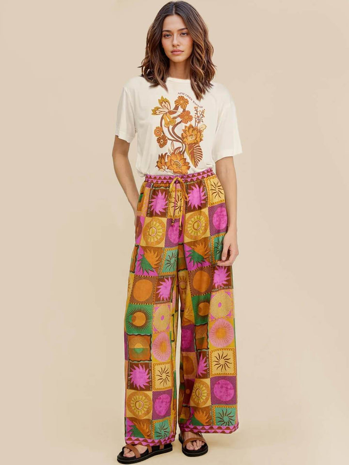 Unique Sun Pattern Print Loose Wide-Leg Pants