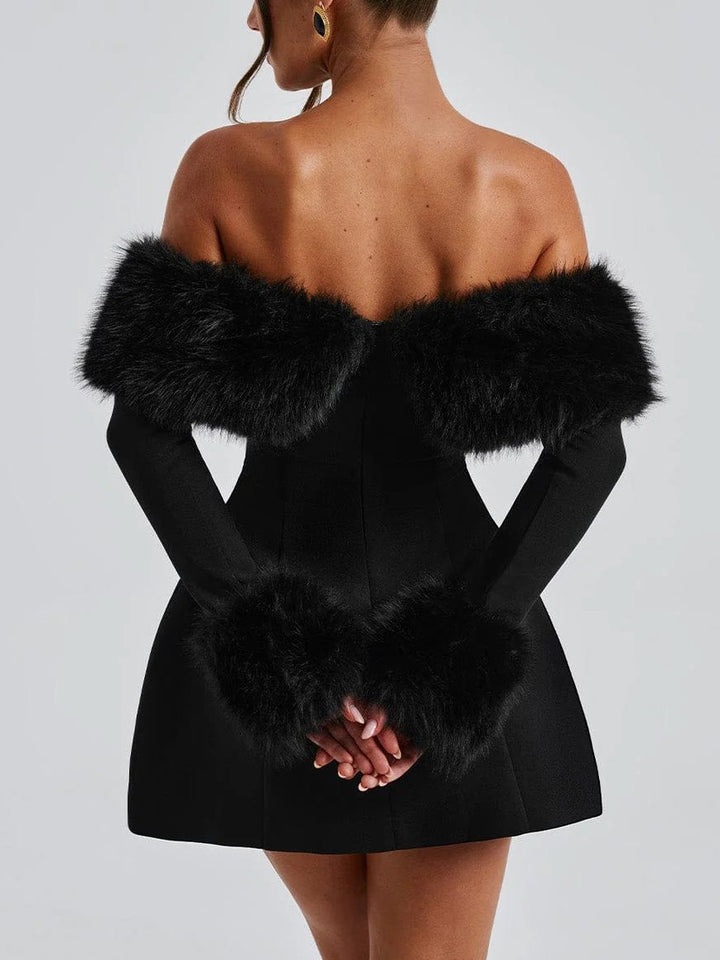 Playful Faux Fur Neckline A-Line Mini Dress