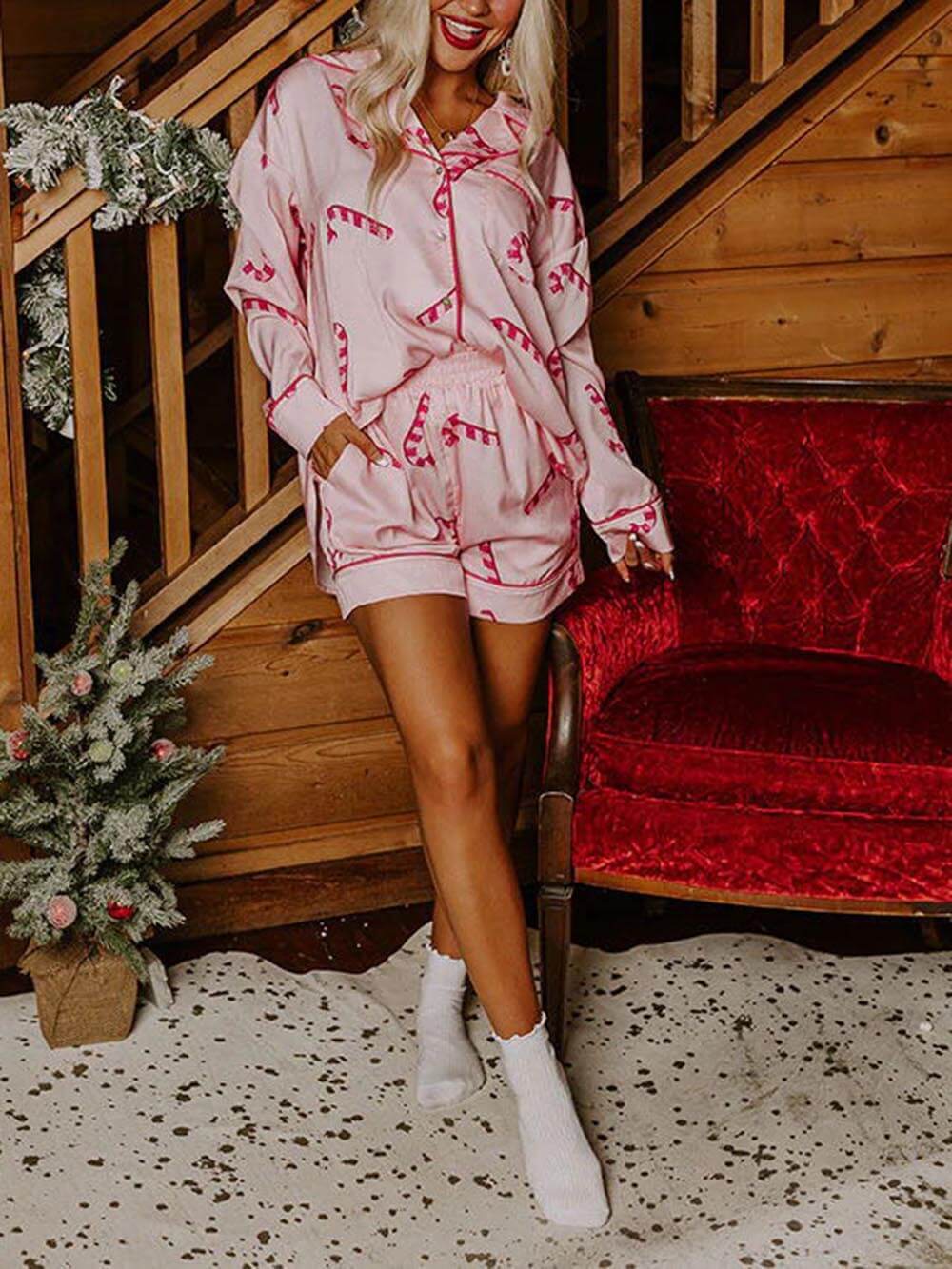 Kerst satijnen print homewear pyjamaset