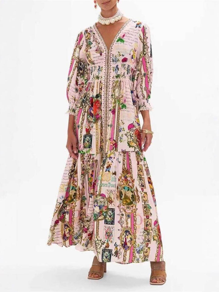 Elegant Ruffled Waist Printed Half Sleeve Flowing Maxi Dress